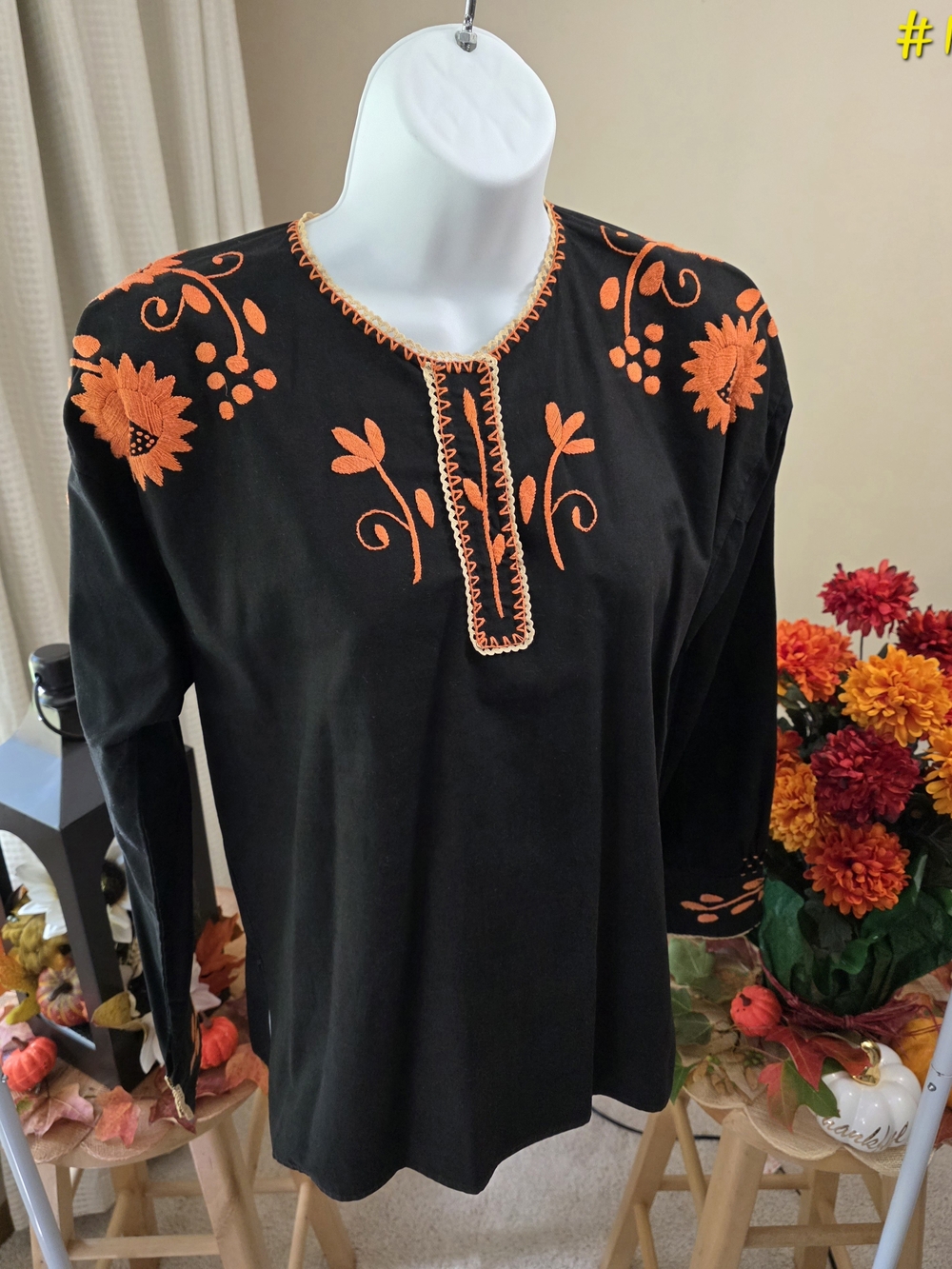 Embroidered Black Top with Orange Floral Accents - Women's